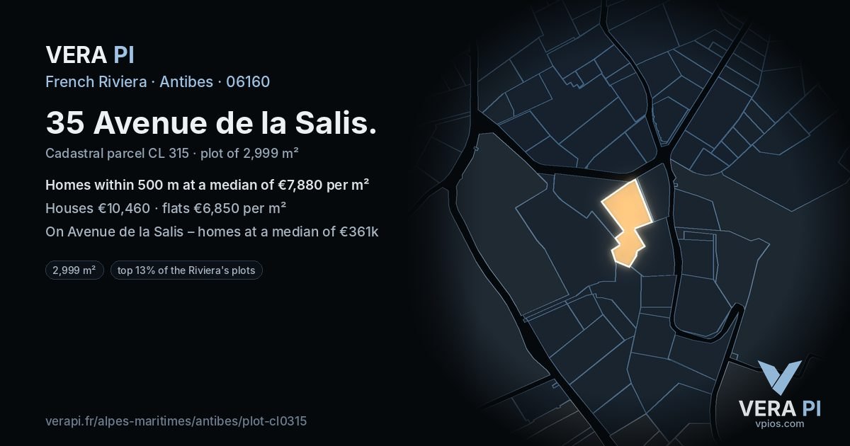 35 Avenue de la Salis, Antibes at night – the plot lit, the parcels around coloured by the prices near them