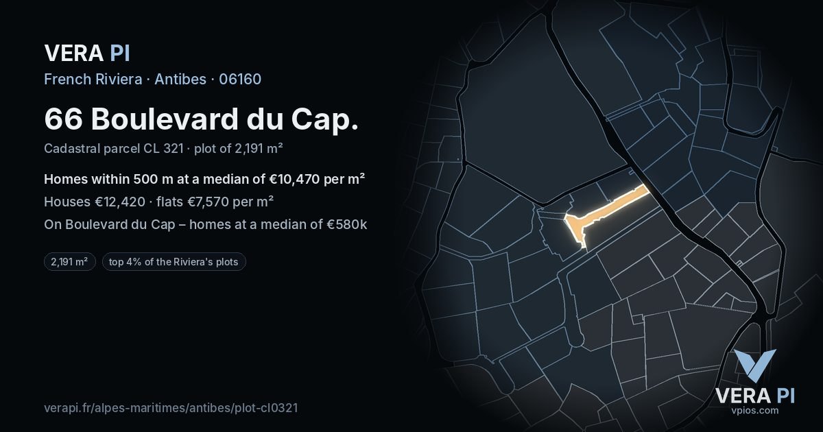 66 Boulevard du Cap, Antibes at night – the plot lit, the parcels around coloured by the prices near them