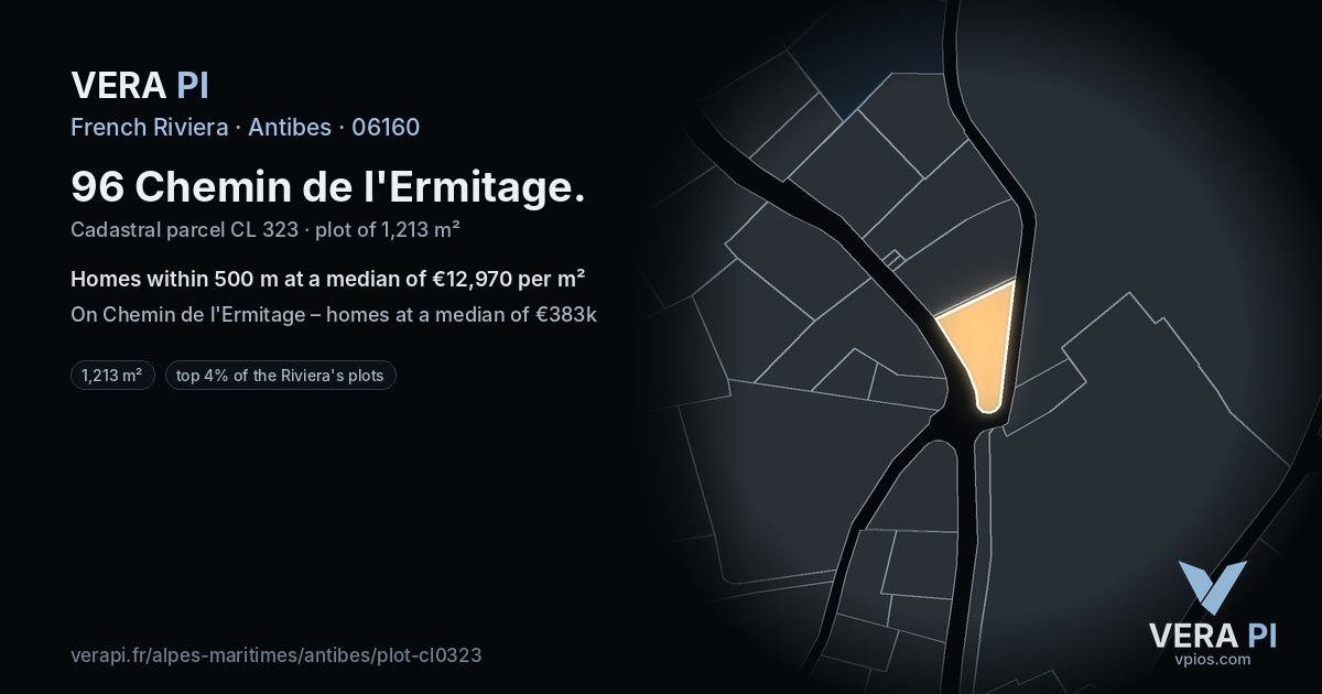 96 Chemin de l'Ermitage, Antibes at night – the plot lit, the parcels around coloured by the prices near them