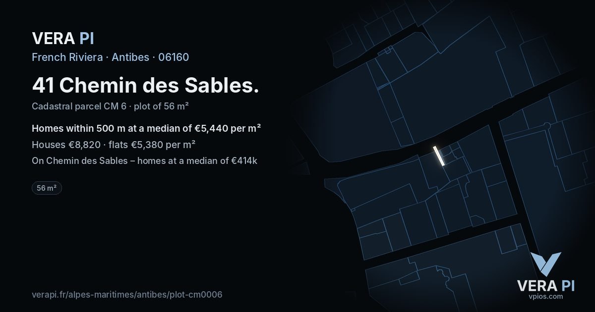 41 Chemin des Sables, Antibes at night – the plot lit, the parcels around coloured by the prices near them