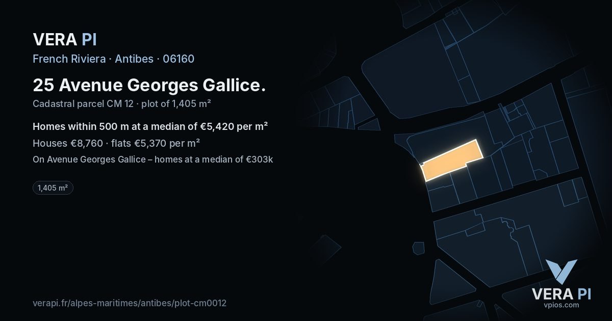 25 Avenue Georges Gallice, Antibes at night – the plot lit, the parcels around coloured by the prices near them