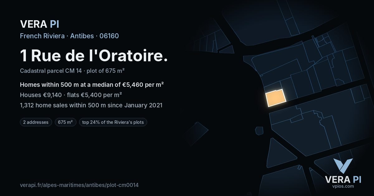 1 Rue de l'Oratoire, Antibes at night – the plot lit, the parcels around coloured by the prices near them