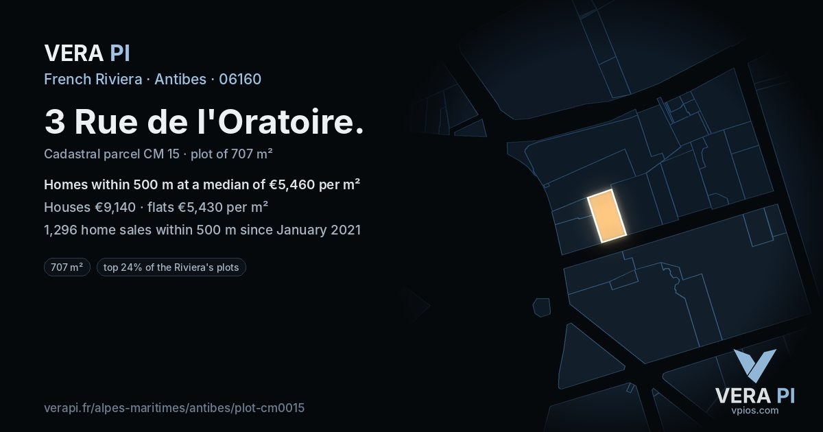 3 Rue de l'Oratoire, Antibes at night – the plot lit, the parcels around coloured by the prices near them