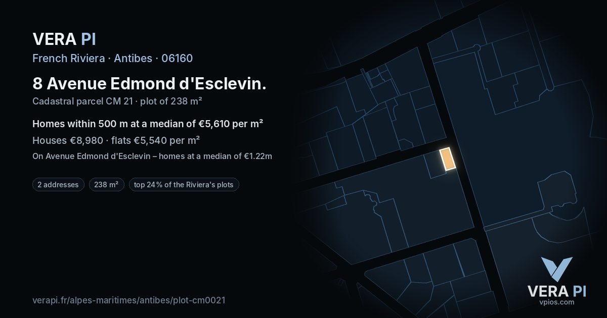 8 Avenue Edmond d'Esclevin, Antibes at night – the plot lit, the parcels around coloured by the prices near them