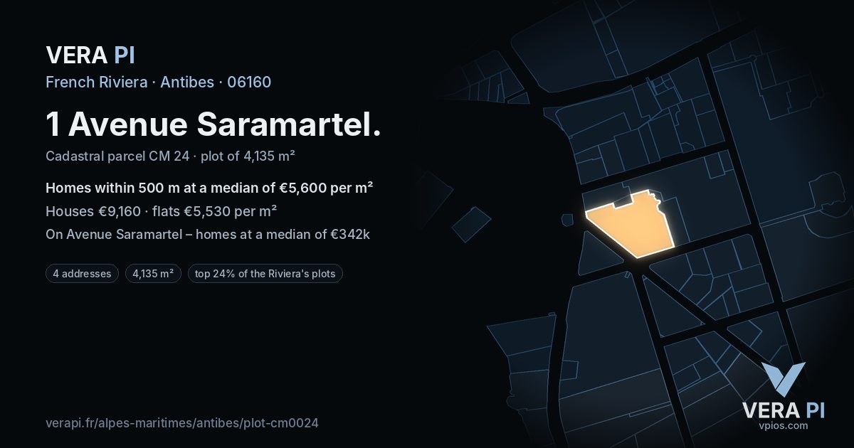 1 Avenue Saramartel, Antibes at night – the plot lit, the parcels around coloured by the prices near them