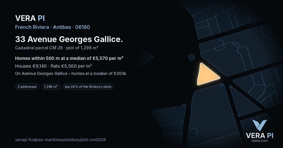 33 Avenue Georges Gallice, Antibes at night – the plot lit, the parcels around coloured by the prices near them