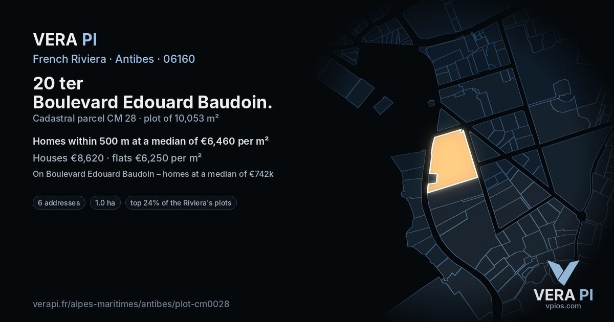 20 ter Boulevard Edouard Baudoin, Antibes at night – the plot lit, the parcels around coloured by the prices near them