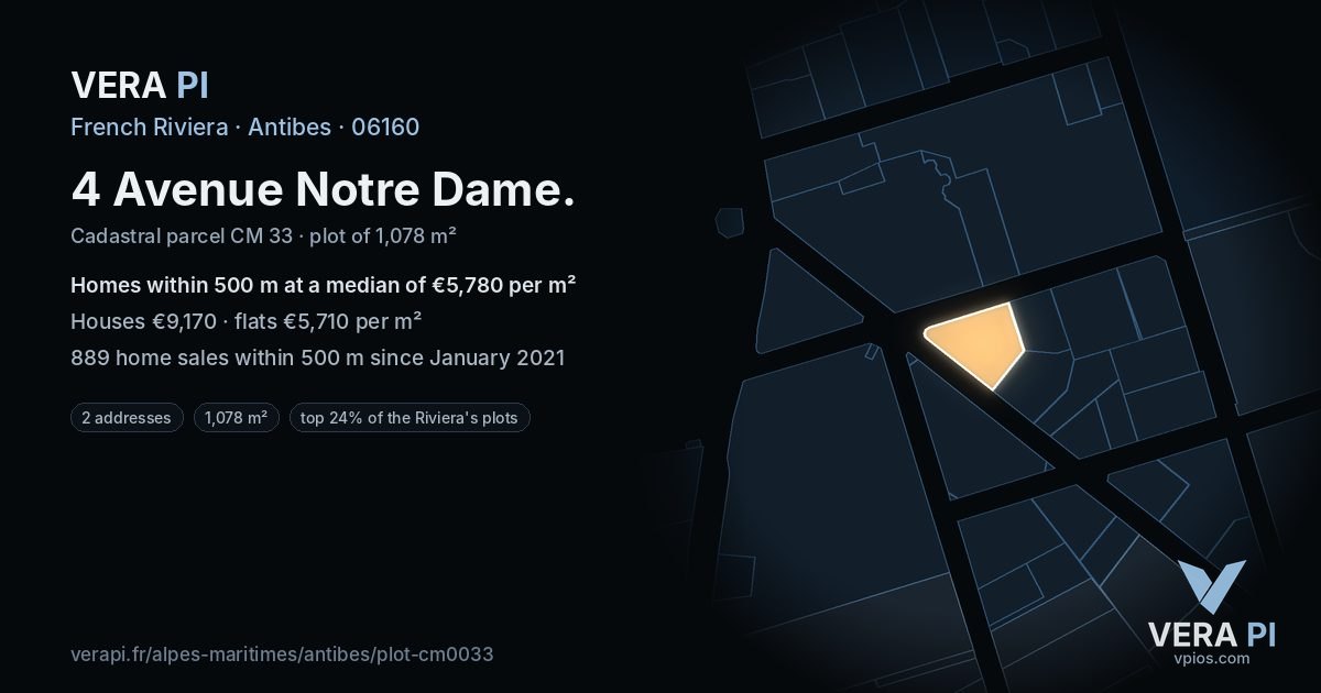 4 Avenue Notre Dame, Antibes at night – the plot lit, the parcels around coloured by the prices near them