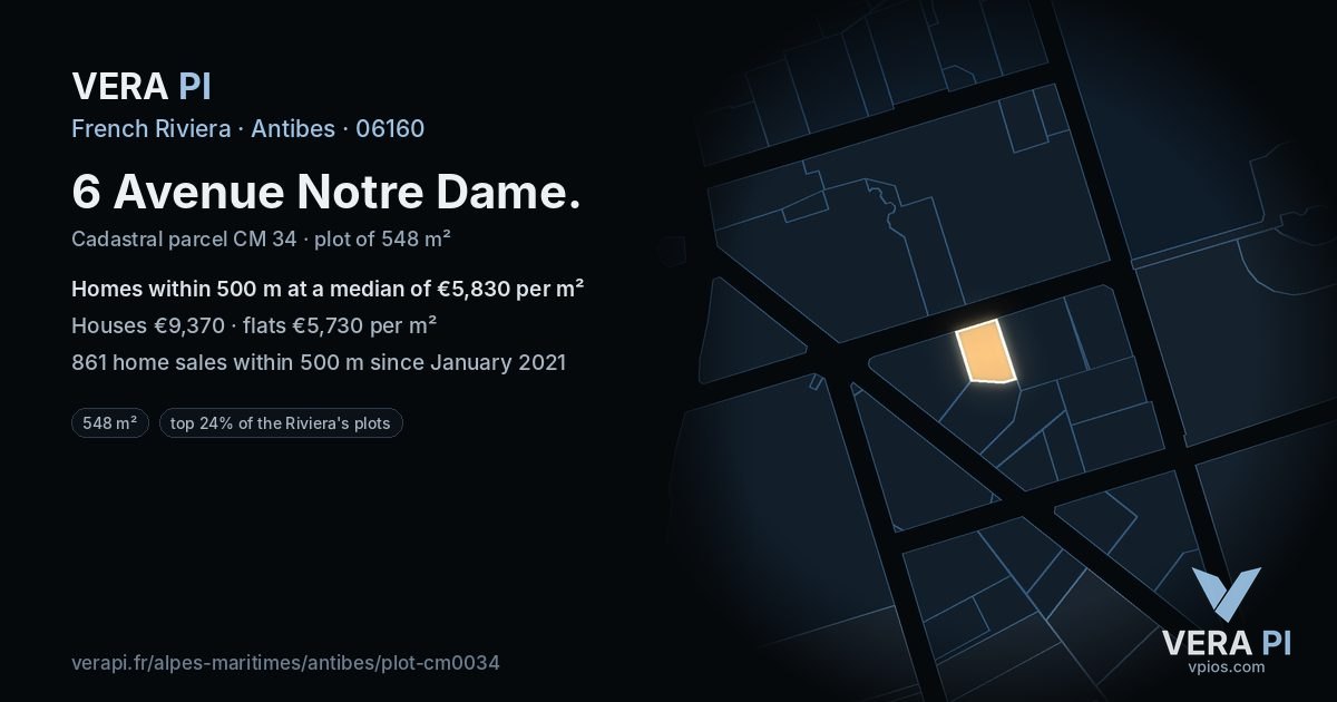 6 Avenue Notre Dame, Antibes at night – the plot lit, the parcels around coloured by the prices near them