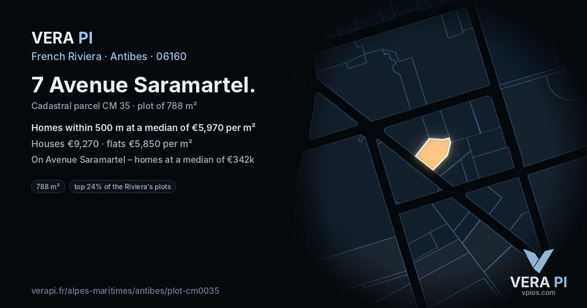 7 Avenue Saramartel, Antibes at night – the plot lit, the parcels around coloured by the prices near them