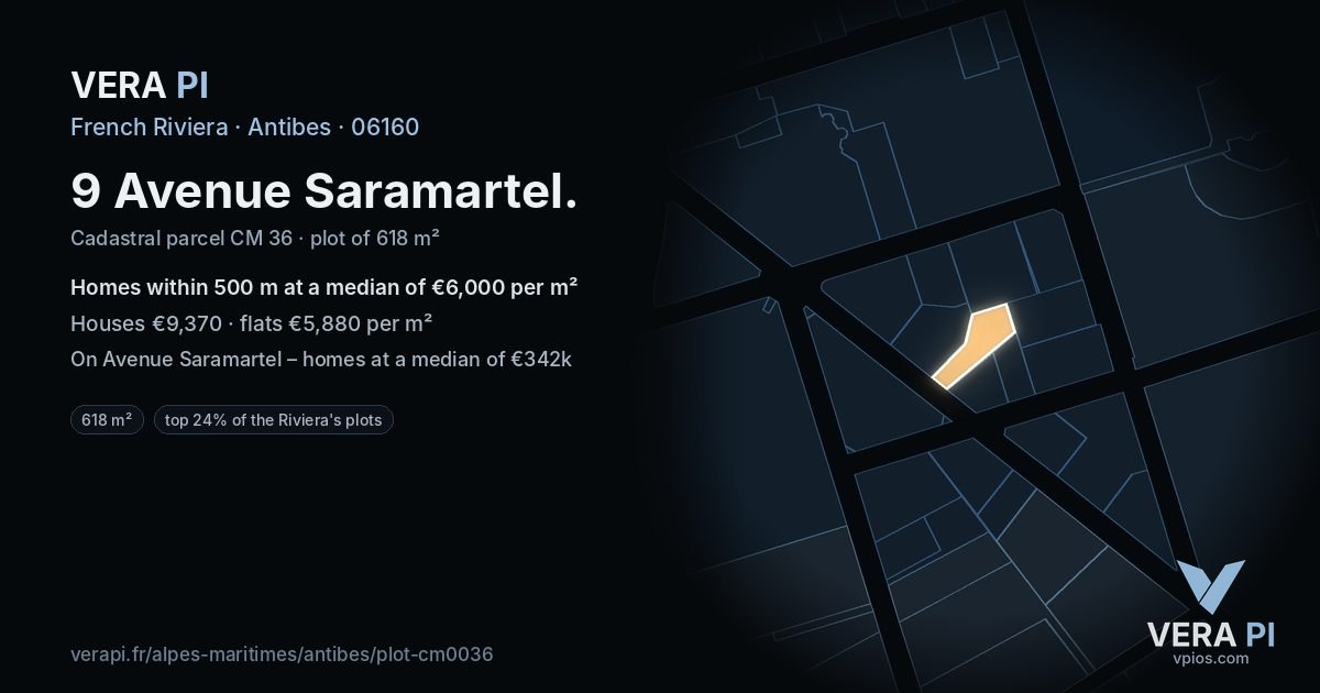9 Avenue Saramartel, Antibes at night – the plot lit, the parcels around coloured by the prices near them