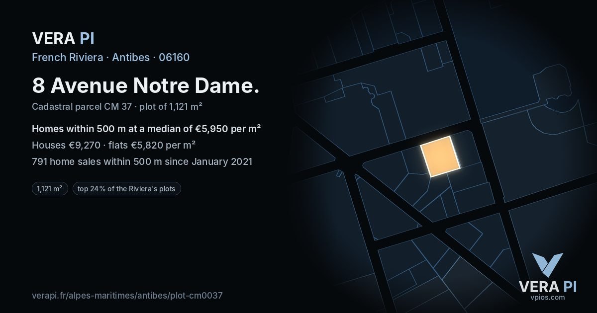 8 Avenue Notre Dame, Antibes at night – the plot lit, the parcels around coloured by the prices near them