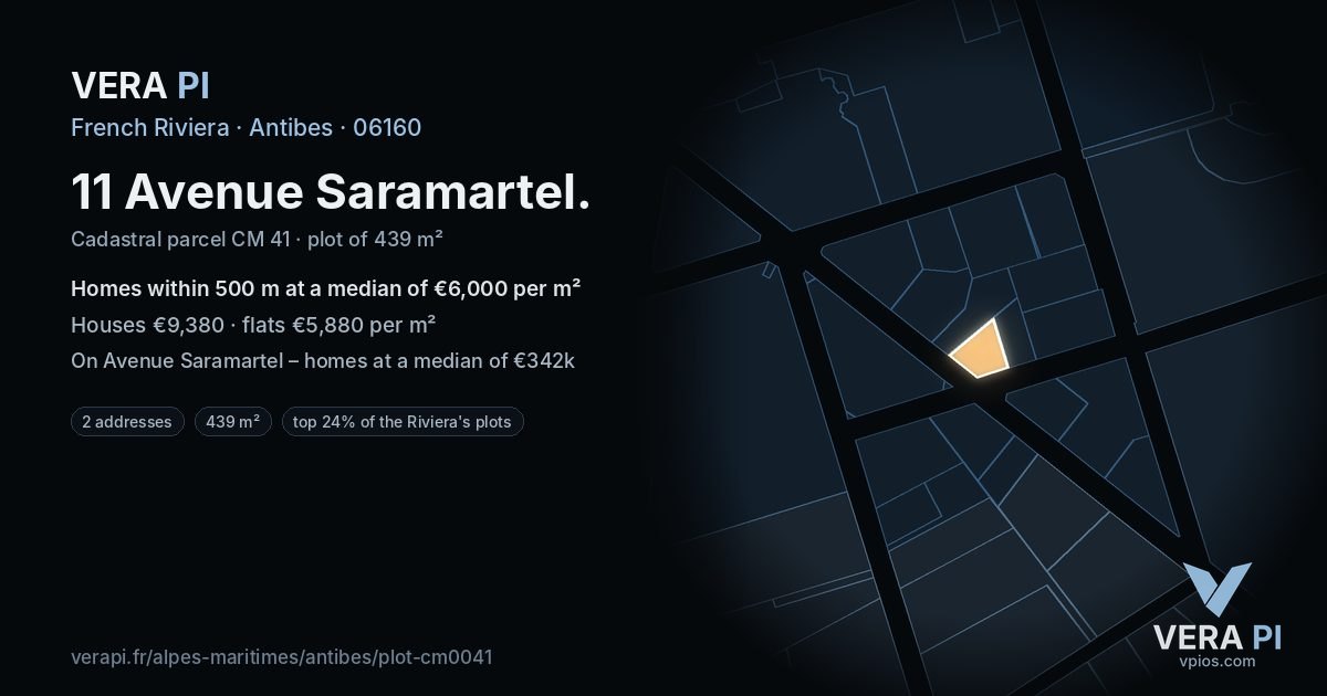11 Avenue Saramartel, Antibes at night – the plot lit, the parcels around coloured by the prices near them