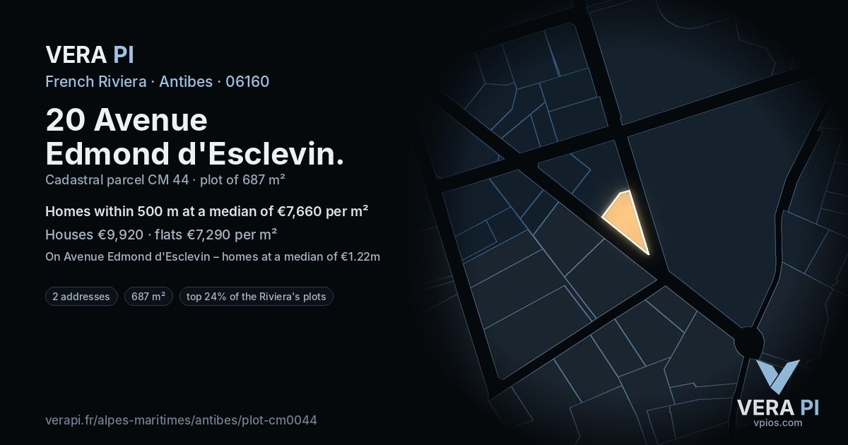 20 Avenue Edmond d'Esclevin, Antibes at night – the plot lit, the parcels around coloured by the prices near them