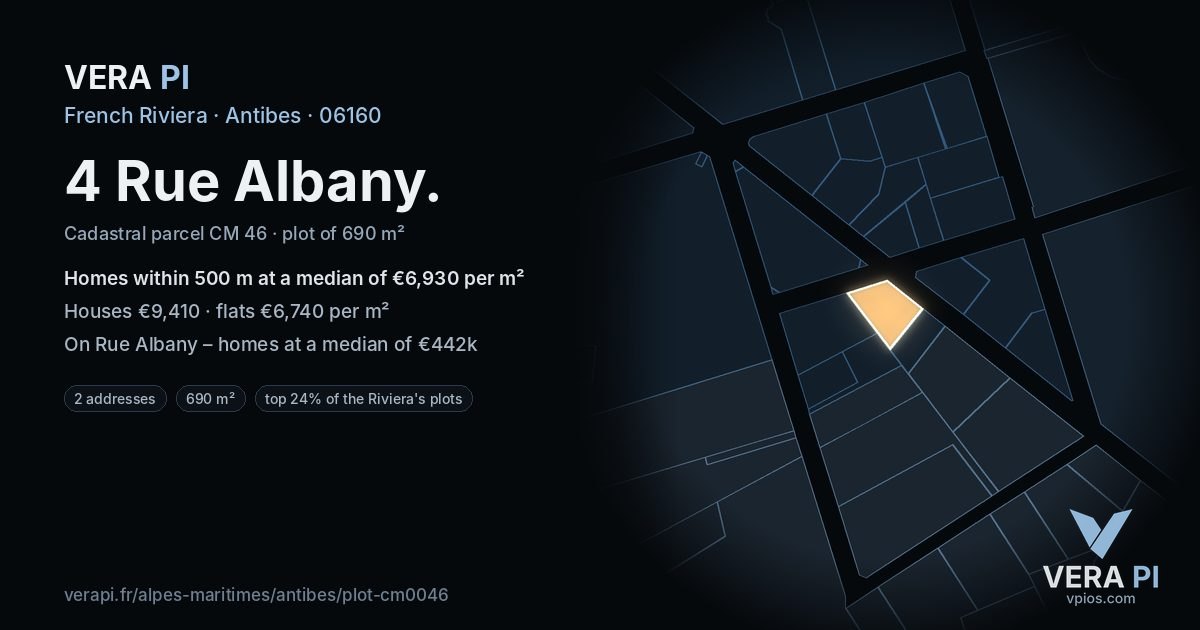 4 Rue Albany, Antibes at night – the plot lit, the parcels around coloured by the prices near them