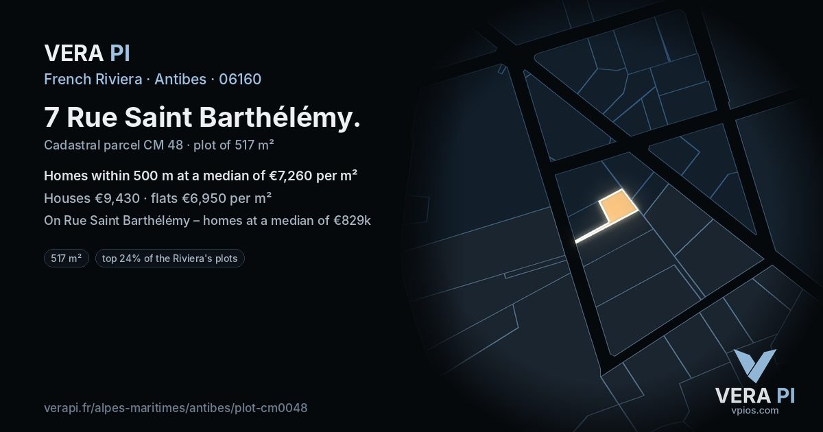 7 Rue Saint Barthélémy, Antibes at night – the plot lit, the parcels around coloured by the prices near them