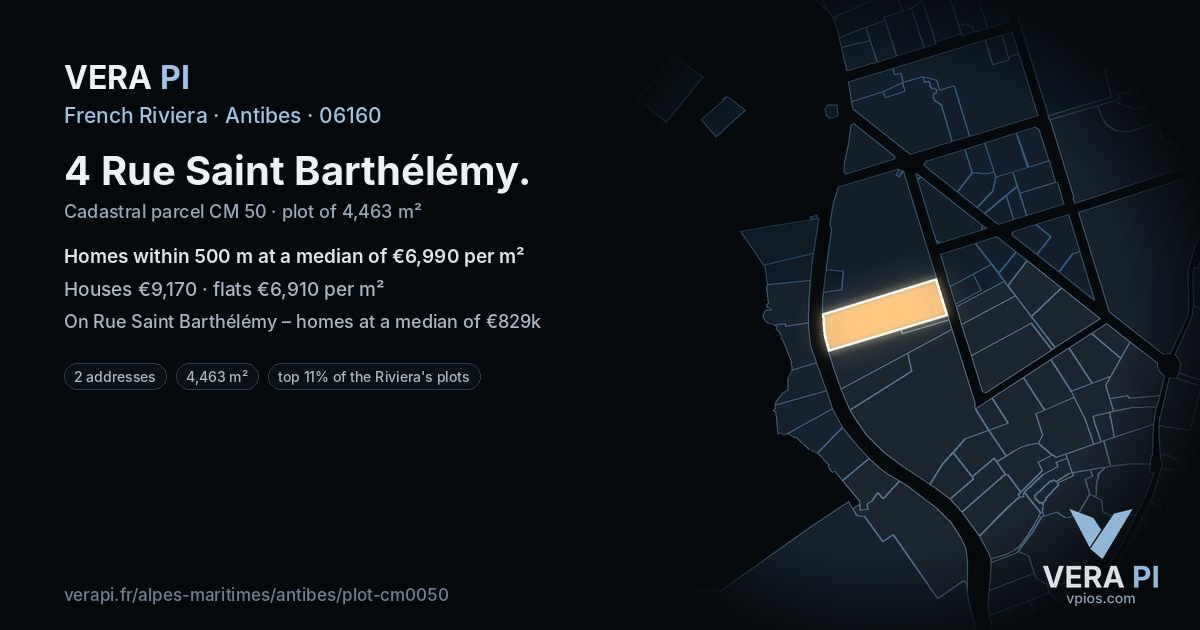4 Rue Saint Barthélémy, Antibes at night – the plot lit, the parcels around coloured by the prices near them