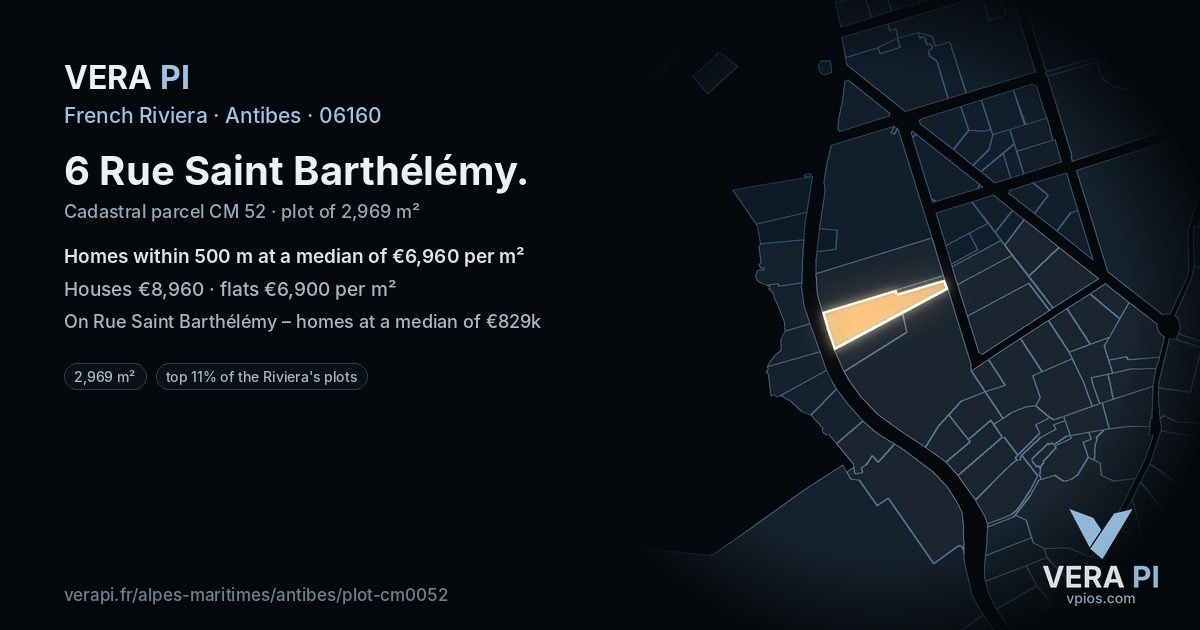 6 Rue Saint Barthélémy, Antibes at night – the plot lit, the parcels around coloured by the prices near them