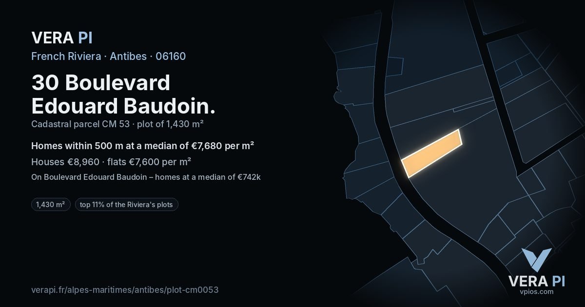 30 Boulevard Edouard Baudoin, Antibes at night – the plot lit, the parcels around coloured by the prices near them