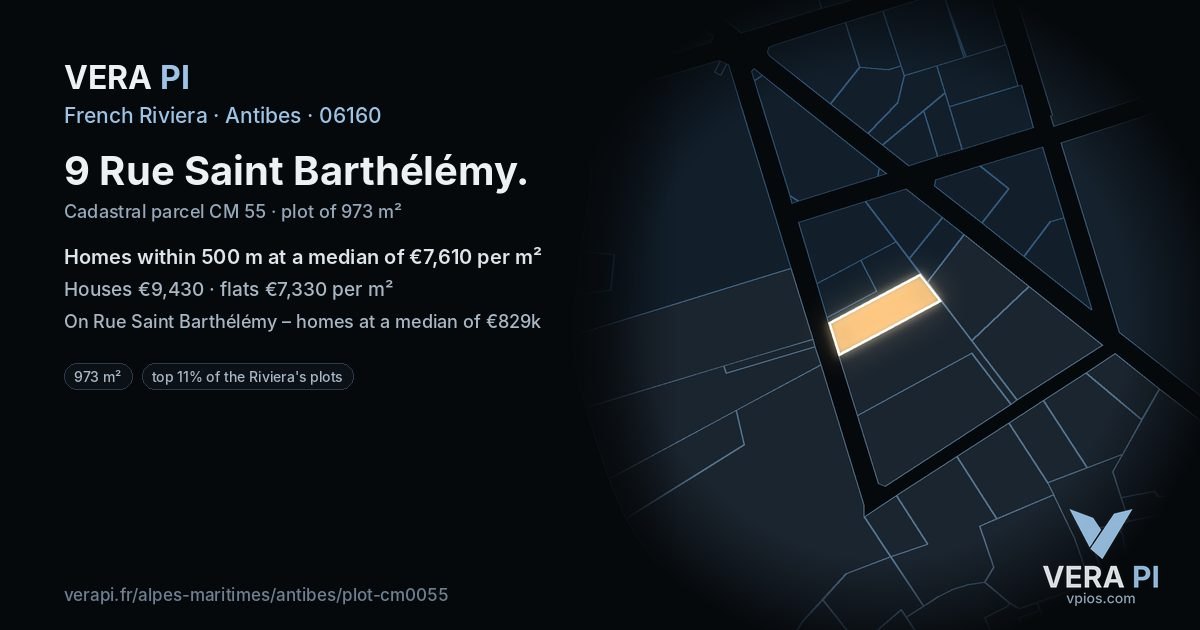 9 Rue Saint Barthélémy, Antibes at night – the plot lit, the parcels around coloured by the prices near them