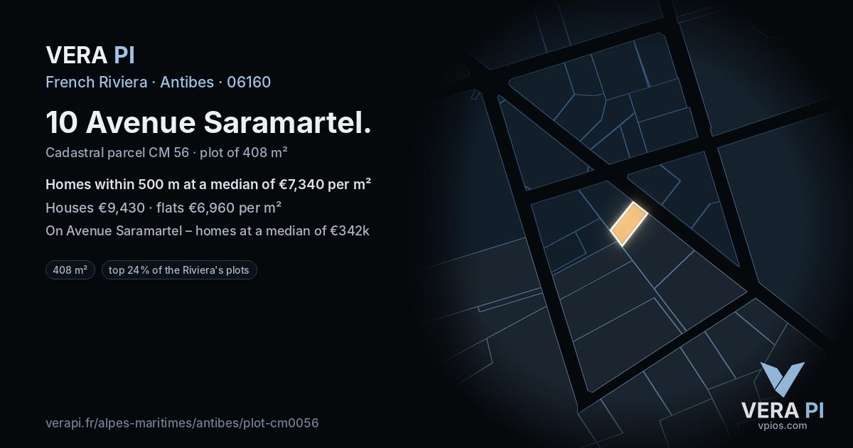 10 Avenue Saramartel, Antibes at night – the plot lit, the parcels around coloured by the prices near them