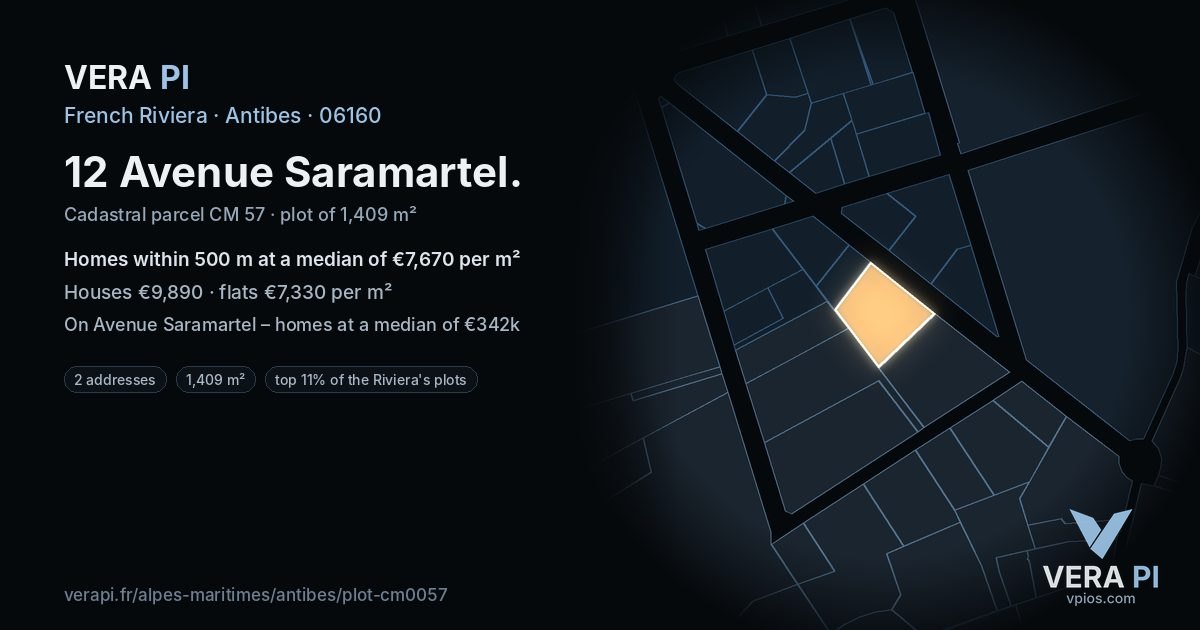 12 Avenue Saramartel, Antibes at night – the plot lit, the parcels around coloured by the prices near them