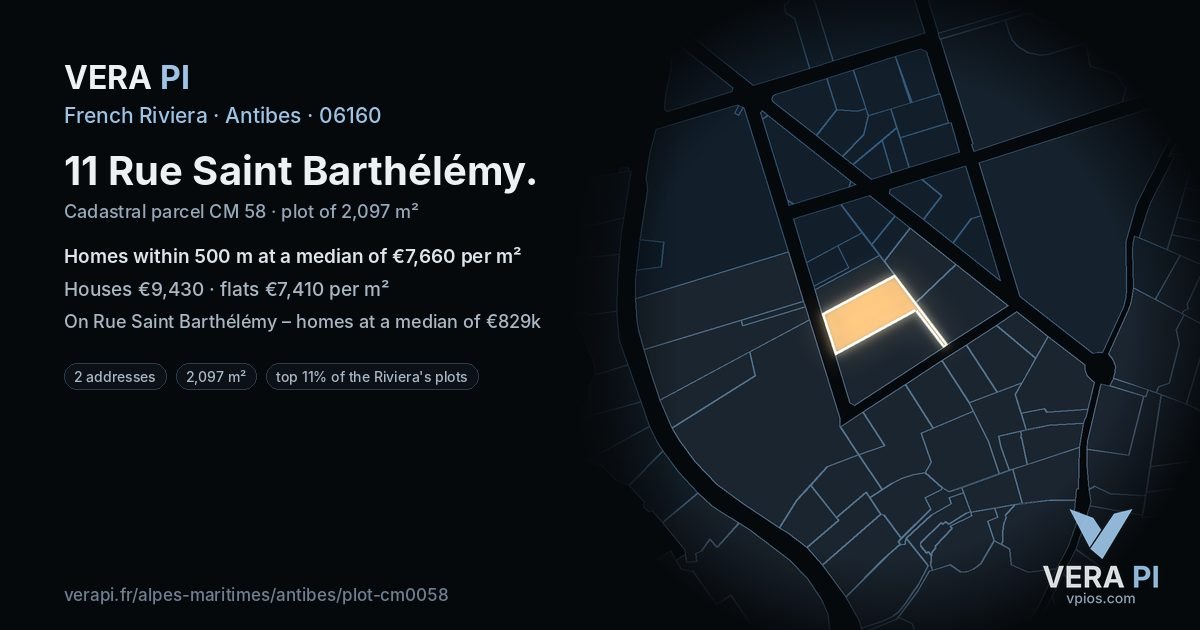 11 Rue Saint Barthélémy, Antibes at night – the plot lit, the parcels around coloured by the prices near them