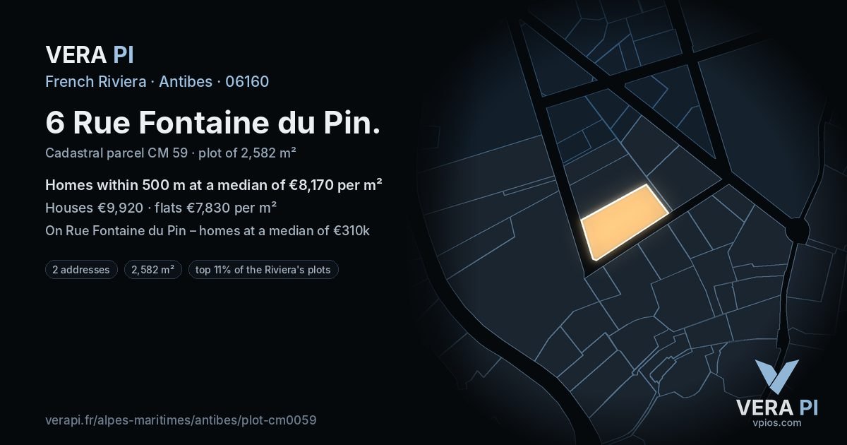 6 Rue Fontaine du Pin, Antibes at night – the plot lit, the parcels around coloured by the prices near them