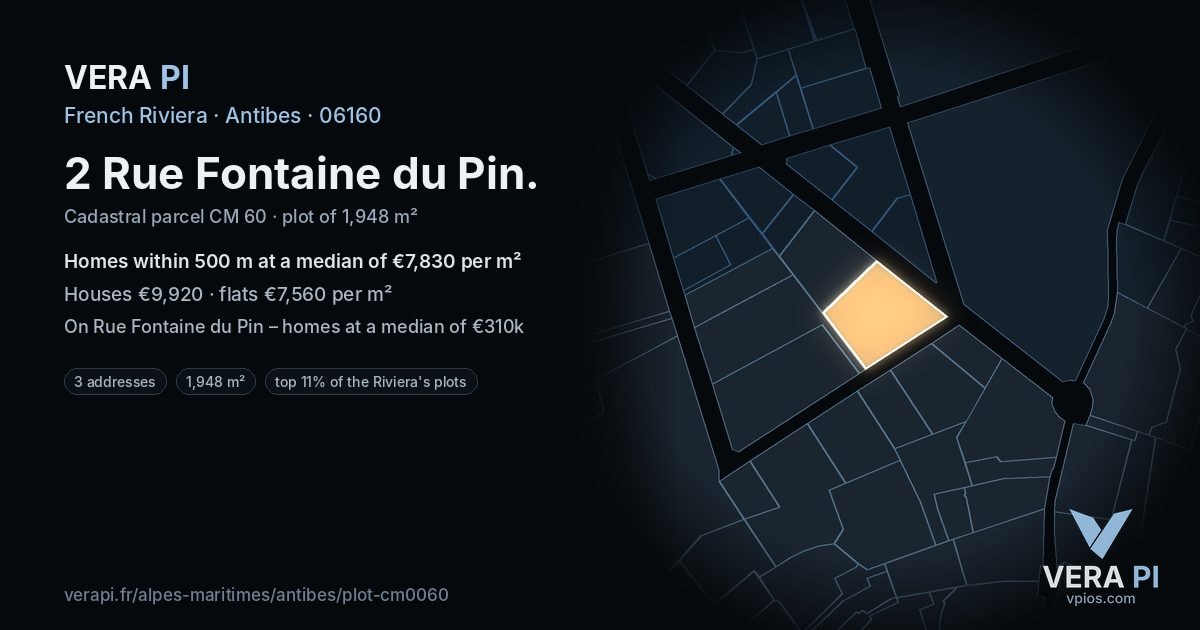 2 Rue Fontaine du Pin, Antibes at night – the plot lit, the parcels around coloured by the prices near them