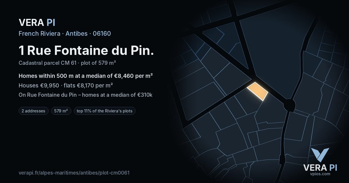 1 Rue Fontaine du Pin, Antibes at night – the plot lit, the parcels around coloured by the prices near them