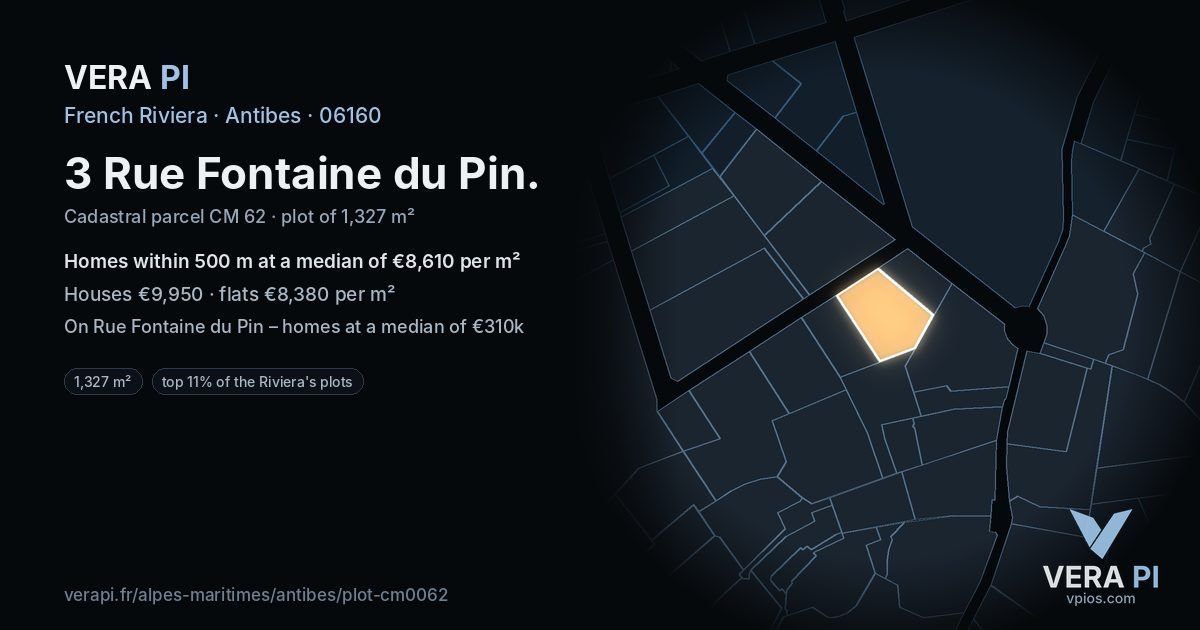 3 Rue Fontaine du Pin, Antibes at night – the plot lit, the parcels around coloured by the prices near them