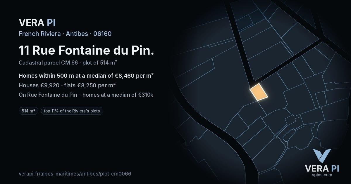 11 Rue Fontaine du Pin, Antibes at night – the plot lit, the parcels around coloured by the prices near them