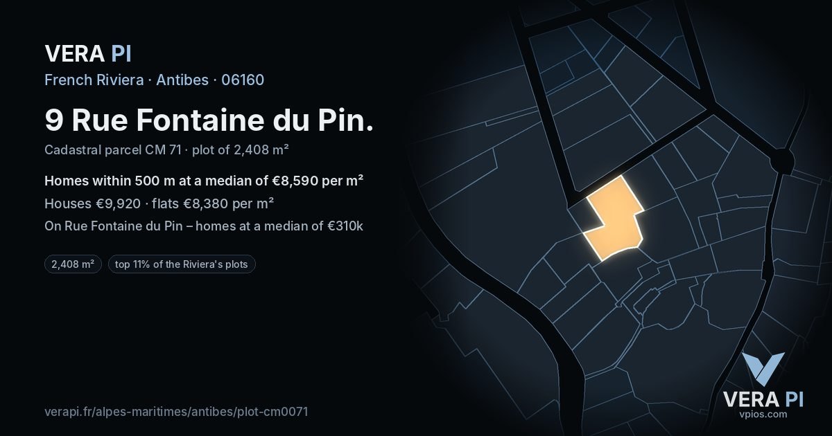 9 Rue Fontaine du Pin, Antibes at night – the plot lit, the parcels around coloured by the prices near them