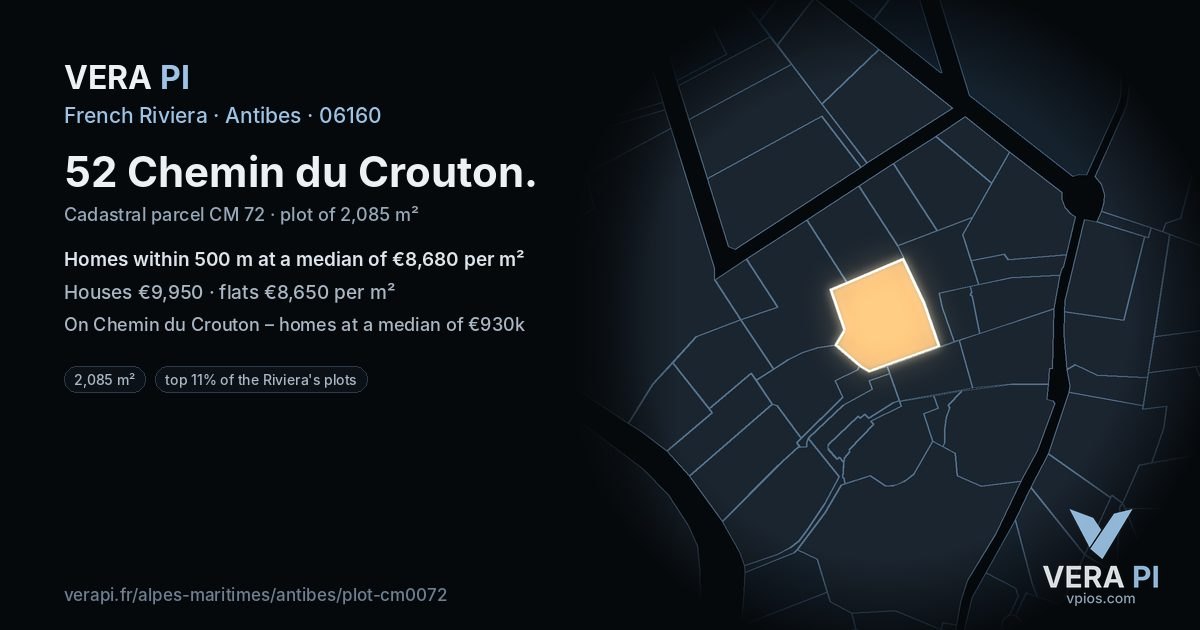 52 Chemin du Crouton, Antibes at night – the plot lit, the parcels around coloured by the prices near them