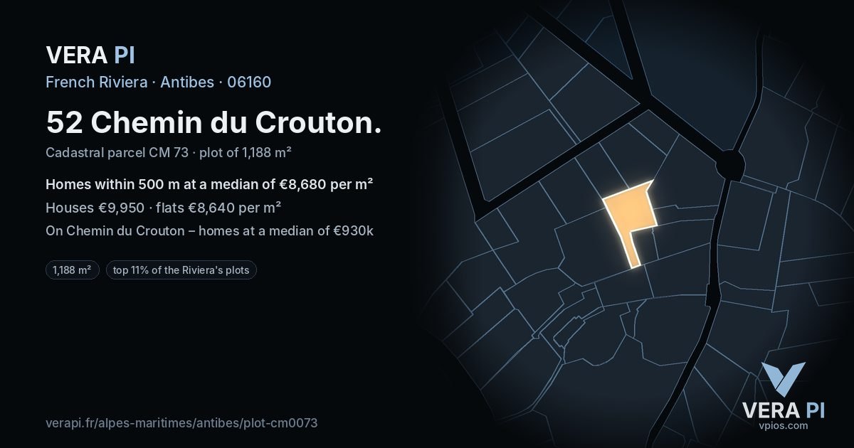 52 Chemin du Crouton, Antibes at night – the plot lit, the parcels around coloured by the prices near them