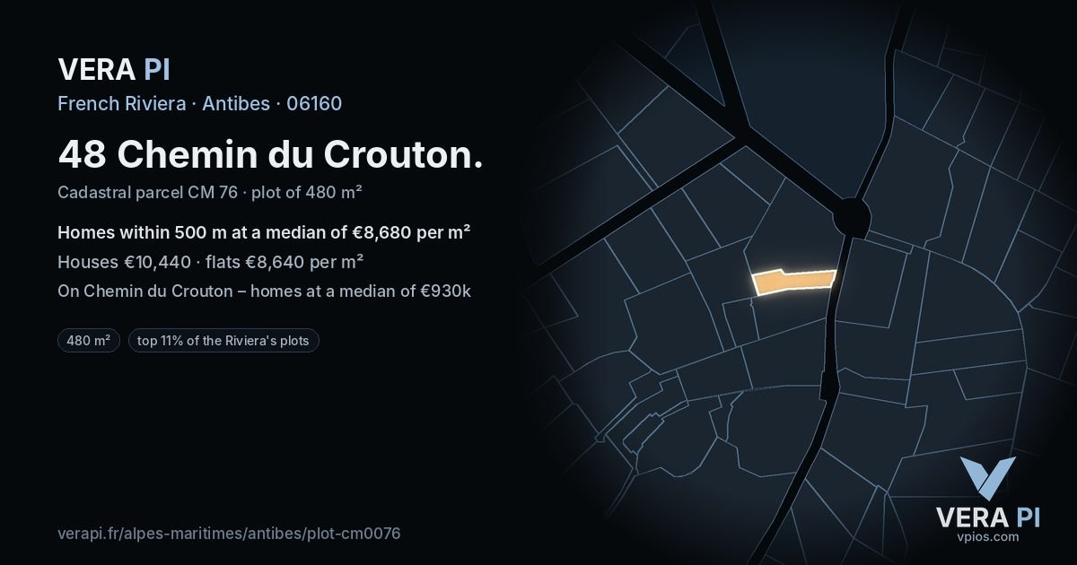 48 Chemin du Crouton, Antibes at night – the plot lit, the parcels around coloured by the prices near them