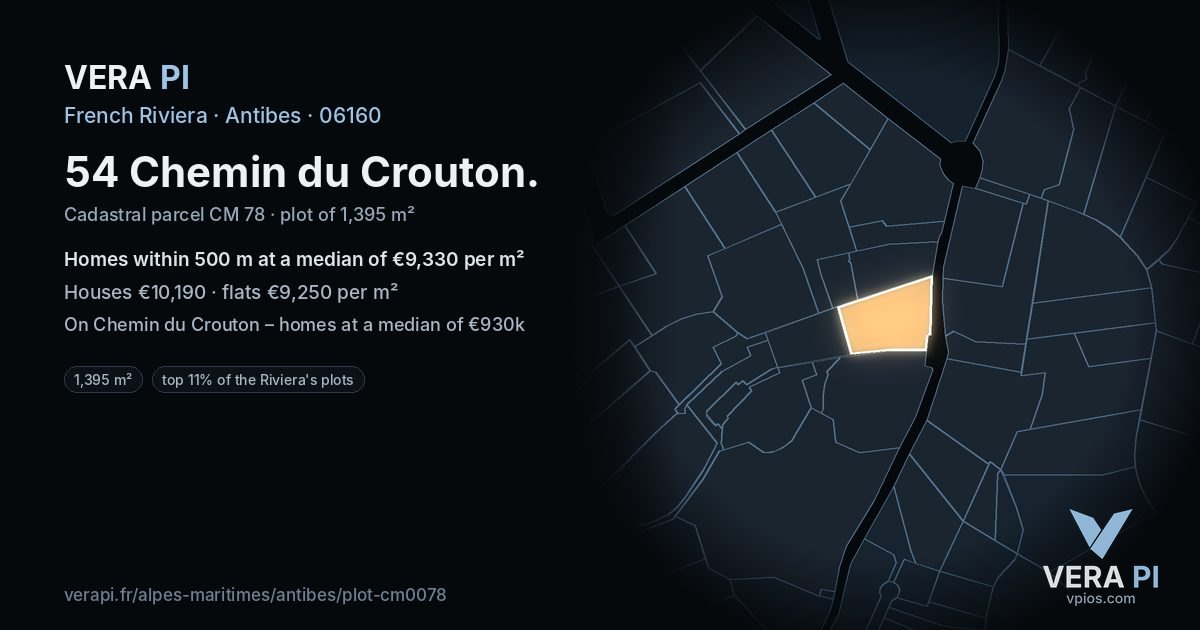 54 Chemin du Crouton, Antibes at night – the plot lit, the parcels around coloured by the prices near them