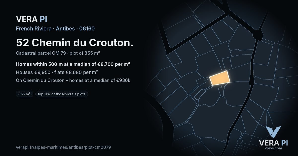 52 Chemin du Crouton, Antibes at night – the plot lit, the parcels around coloured by the prices near them