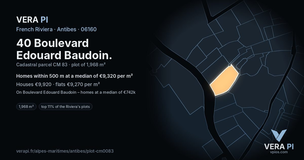 40 Boulevard Edouard Baudoin, Antibes at night – the plot lit, the parcels around coloured by the prices near them