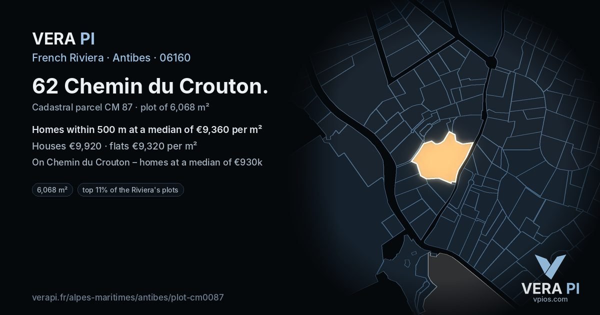 62 Chemin du Crouton, Antibes at night – the plot lit, the parcels around coloured by the prices near them