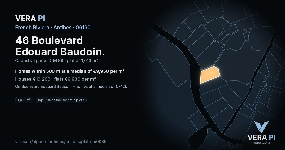 46 Boulevard Edouard Baudoin, Antibes at night – the plot lit, the parcels around coloured by the prices near them