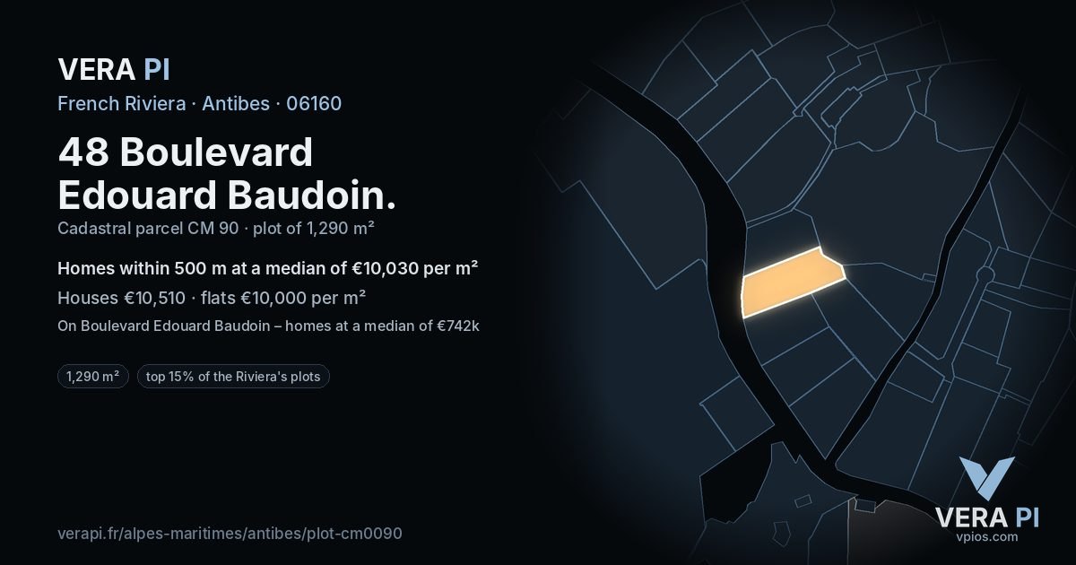 48 Boulevard Edouard Baudoin, Antibes at night – the plot lit, the parcels around coloured by the prices near them