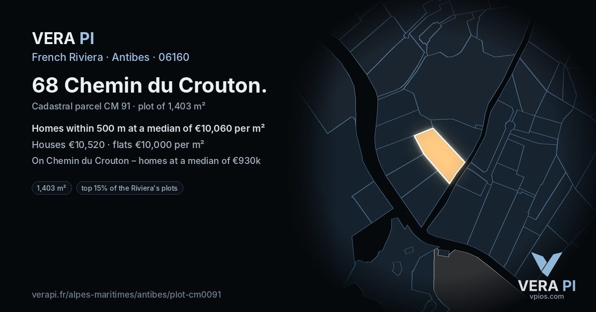 68 Chemin du Crouton, Antibes at night – the plot lit, the parcels around coloured by the prices near them