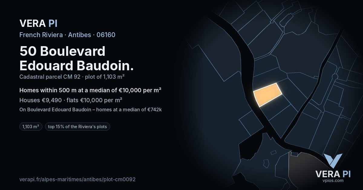 50 Boulevard Edouard Baudoin, Antibes at night – the plot lit, the parcels around coloured by the prices near them
