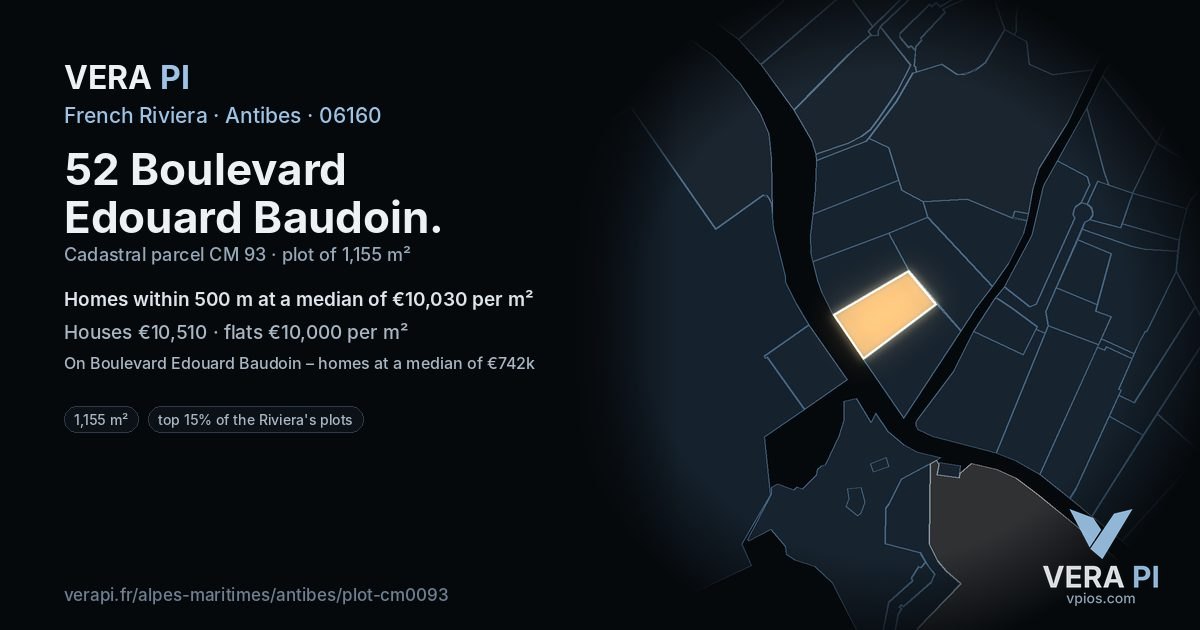 52 Boulevard Edouard Baudoin, Antibes at night – the plot lit, the parcels around coloured by the prices near them