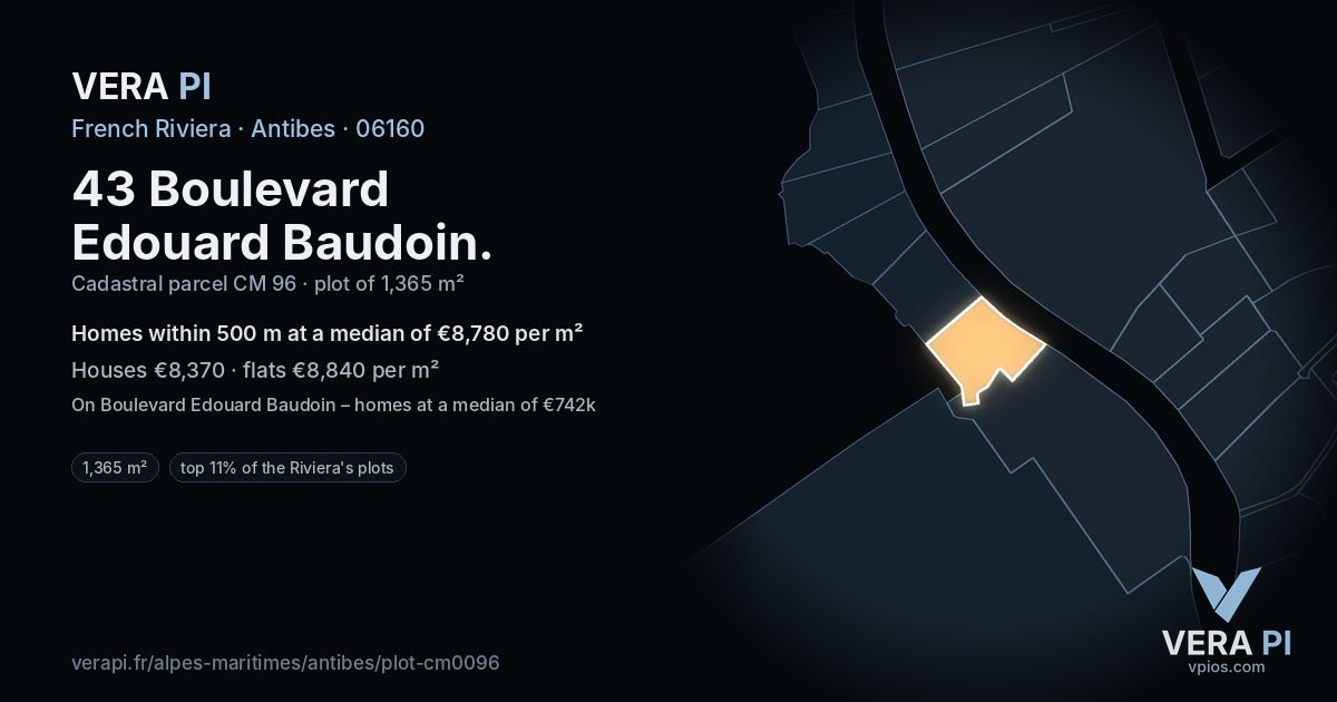 43 Boulevard Edouard Baudoin, Antibes at night – the plot lit, the parcels around coloured by the prices near them