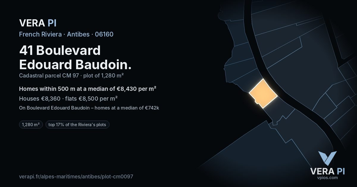 41 Boulevard Edouard Baudoin, Antibes at night – the plot lit, the parcels around coloured by the prices near them
