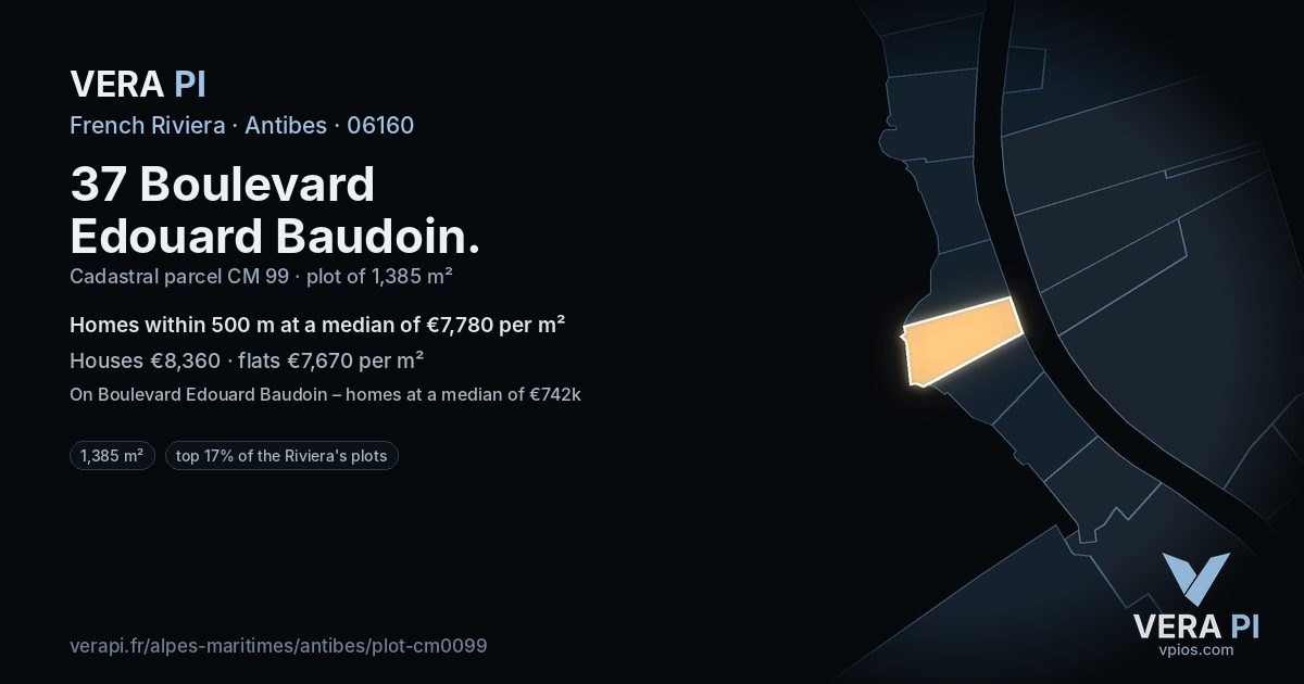 37 Boulevard Edouard Baudoin, Antibes at night – the plot lit, the parcels around coloured by the prices near them