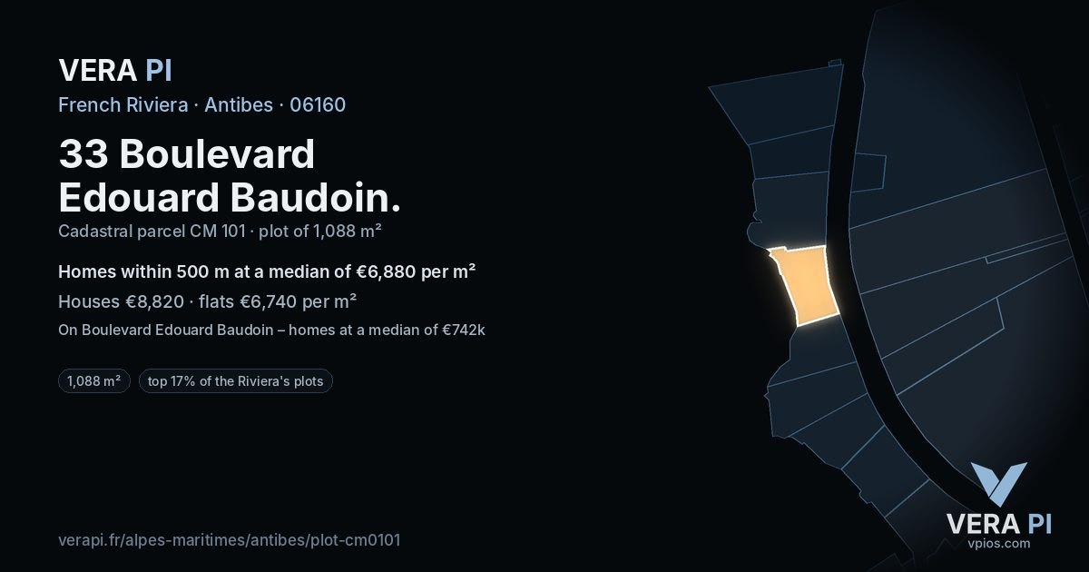 33 Boulevard Edouard Baudoin, Antibes at night – the plot lit, the parcels around coloured by the prices near them