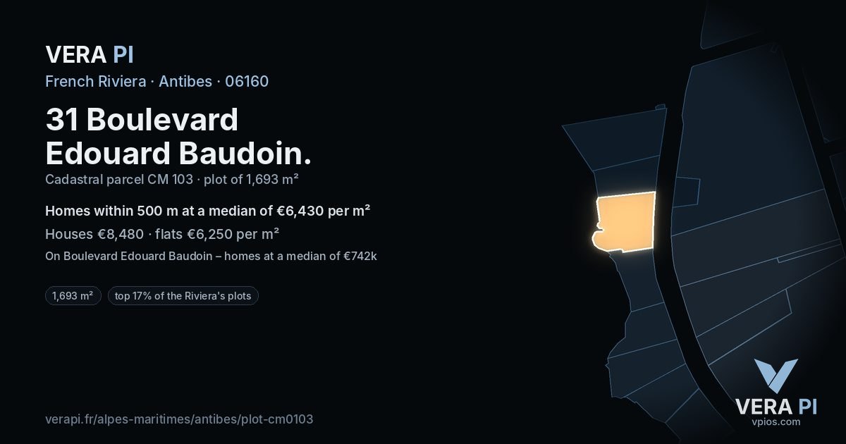 31 Boulevard Edouard Baudoin, Antibes at night – the plot lit, the parcels around coloured by the prices near them
